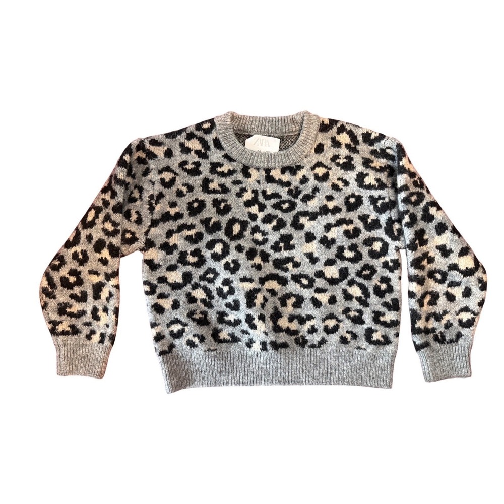 Zara Kids Leopard Print Knit Sweater Grey Black Animal Print Pullover Size 8-9